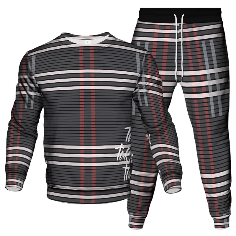 Houndstooth Lattice Pattern Print Tracksuit Men Fashion Clothing Suit Outdoor Casual Sweatshirt Jogging Pants 2 Piece Sport Sets