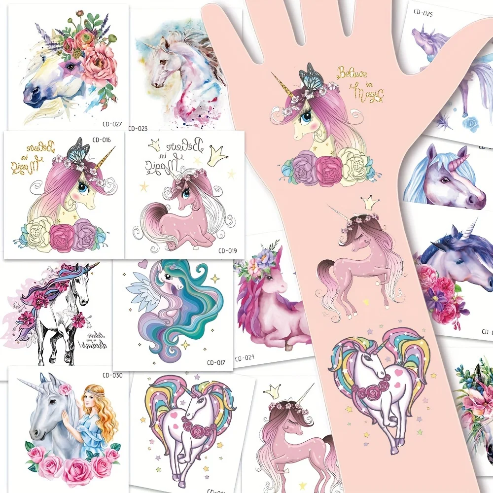 15 Sheets Kids Cartoon Unicorn Tattoo Sticker for Children's Arm Hands Body Cute Temporary Fake Tatoo Makeup Party Decorations