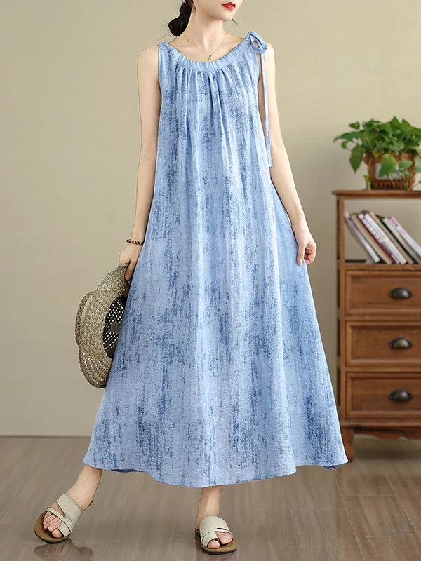 

Summer 2025 New Cotton Linen Casual Long Vest Dress Women's Tie Dye Design Linen Loose Waist Print A-Line Skirt