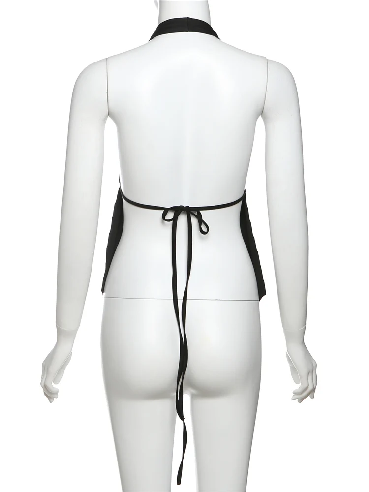 Nibber bainha irregular feminino com decote em v simples sem mangas selvagem rua sem costas guarnição de metal frênulo halter sexy moda hottie colete