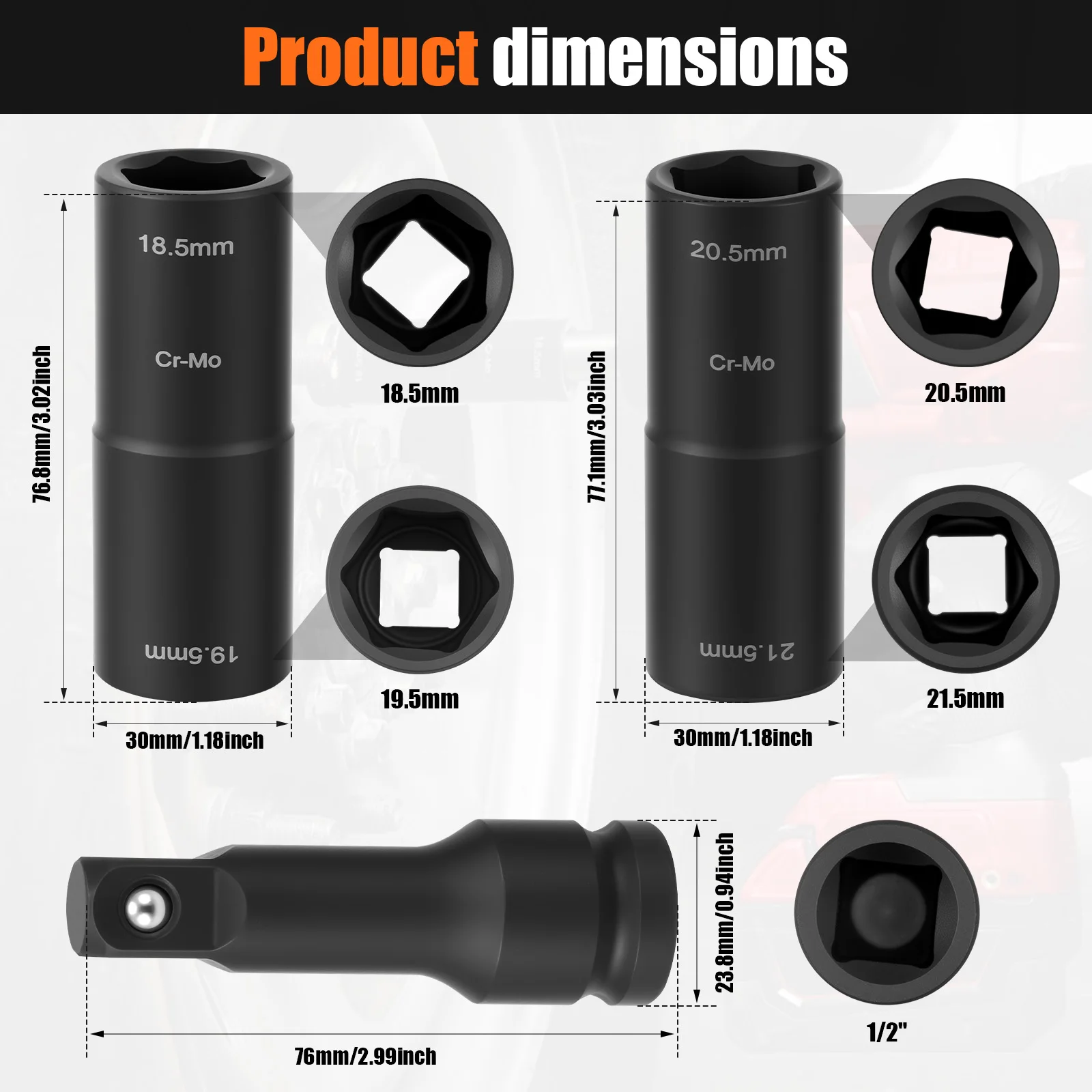 3 قطعة مقبس التصادم المزدوج الرأس الجوز مجموعة الكروم الموليبدينوم الصلب عجلة المكسرات أداة مع 1/2 بوصة تمديد قضيب للمساحات الضيقة