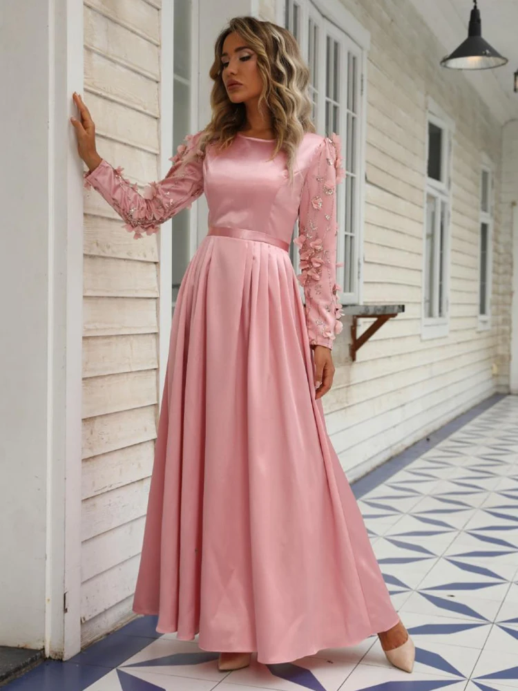 Women's Dusty Pink Satin Maxi Dress, Long Sleeve A-Line Evening Gown with 3D Floral Appliques Sleeves, Elegant Vestidos