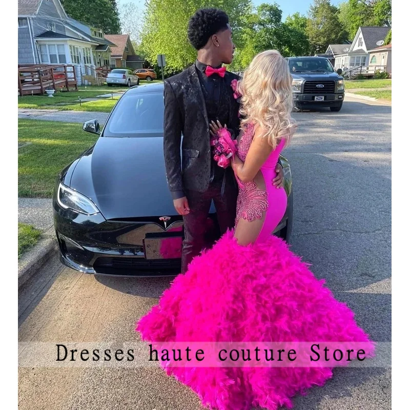 تخصيص 2026 مشرق الوردي حورية البحر الماس فستان الحفلة الراقصة الفتيات السود حجر الراين مطرز ريشة فستان حفلة عيد ميلاد الأفريقية #3