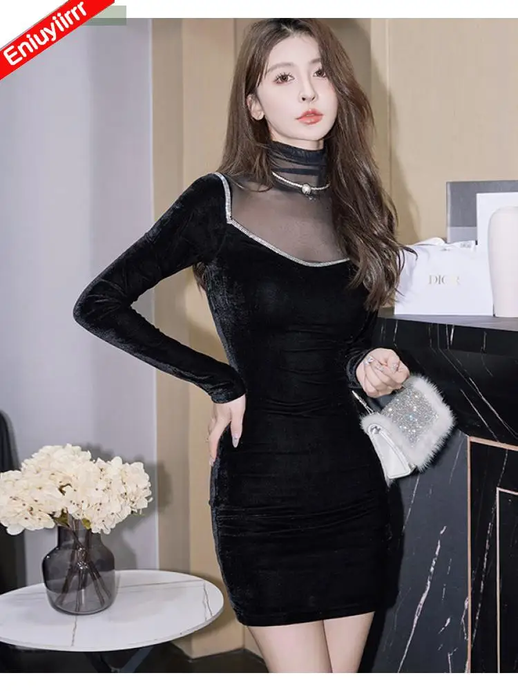 New Year Christmas Date Girls Elegant Little Black Sheer Mesh Velvet Dress Women Bodycon Sexy High Waist Bling Party Dresses