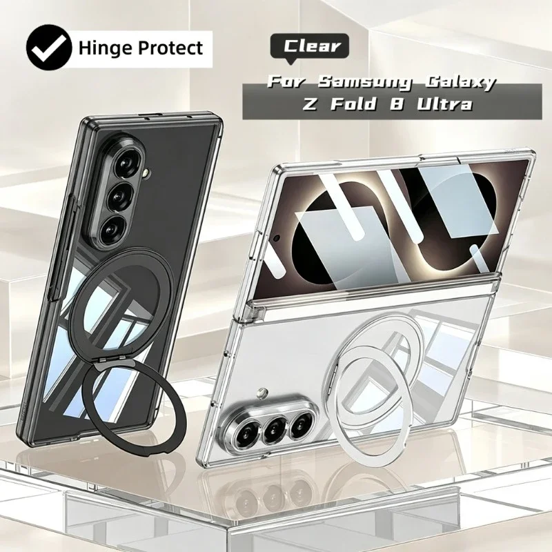 Transparent 360 Rotating Magnetic Bracket Case for Samsung Galaxy Z Fold 8 Ultra for Magsafe Charge Hinge Protect Cover