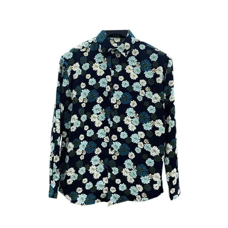

Мужская модная стильная рубашка с длинным рукавом в корейском стиле, тонкая, приталенная, в стиле ретро, с цветочным принтом хризантем