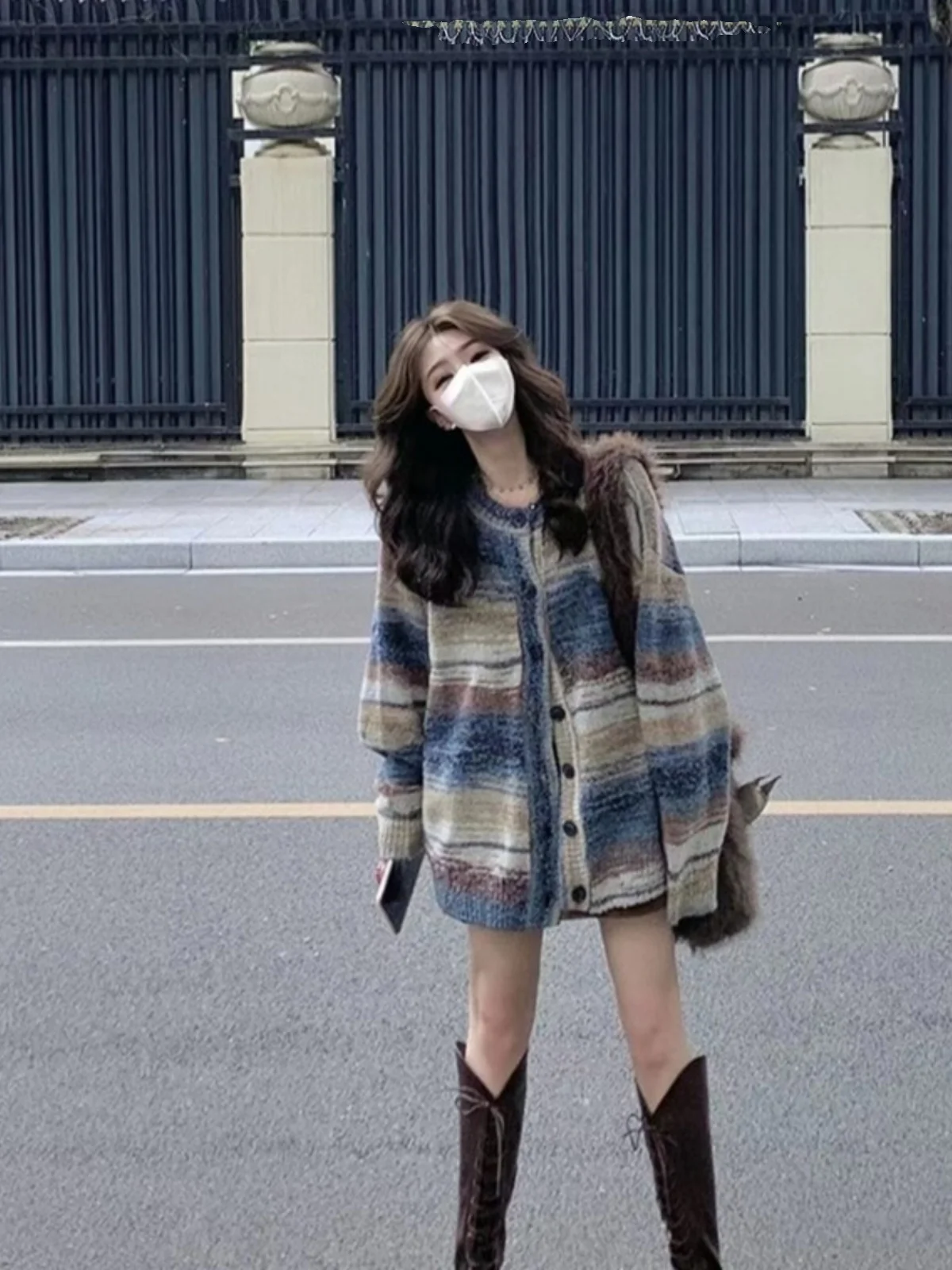   스트라이프 니트 스웨터 여성용 루즈 빈티지 레이지 슬레 카디건 아우터웨어 봄 가을 신상품 폴리에스터 섬유