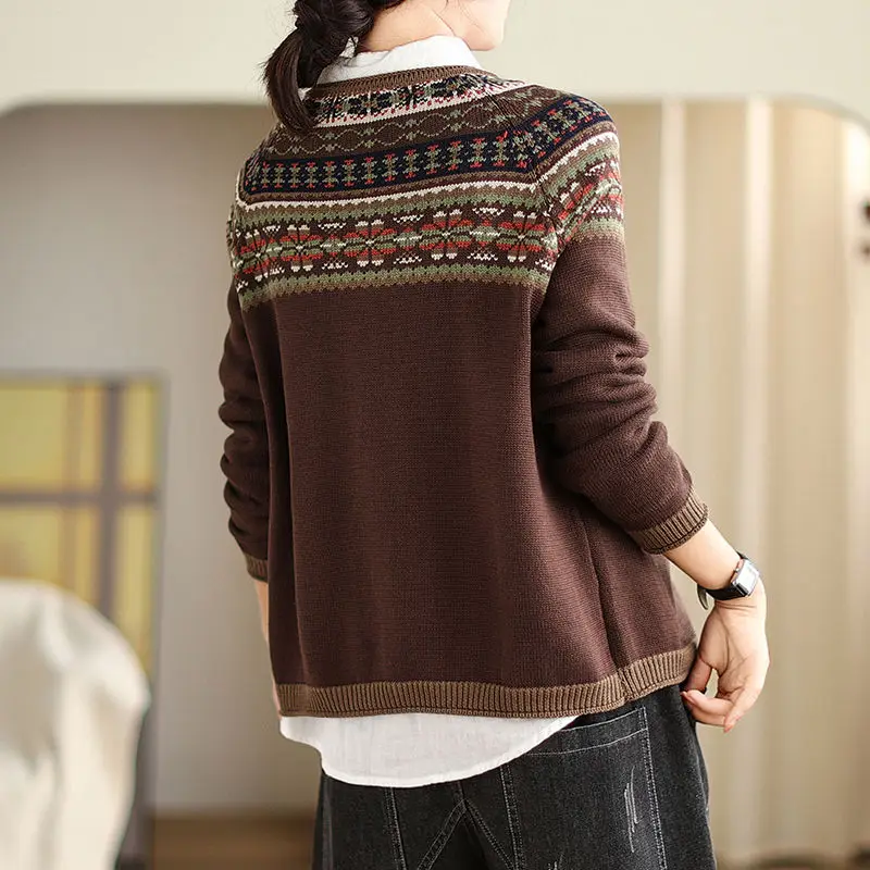 Women Vintage Ethnic Style Jacquard Single Breasted Knitted Cardigan Autumn Female Casual O Neck Long Sleeve Loose Sweater Coat