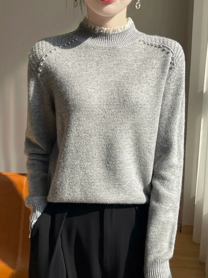 

Thiened Heavyweight с кружевной отделкой и высоким воротником, вязаный свитер, шерстяной пуловер, мягкий длинный све, повседневный Sle