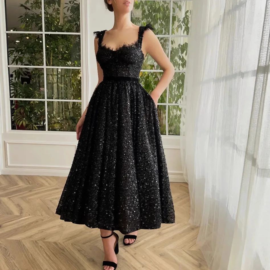 

V-neck Formal Party Prom Dress for Women Open Back Sequins Wedding Party Dresses Lace Bridesmaid Dress Black Graduation Dress