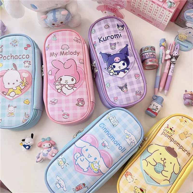 Sanrio Kuromi PU Pencil Bag Hello Kitty Cinnamoroll Pochacco Zipper Cute Stationery Box for School Students Pen Case Card Holder