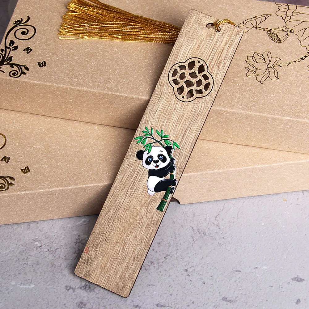 Painted Panda Bookmark Panda Cultural and Creative Wooden openwork bookmark Golden silk nan wood bookmark school supplies