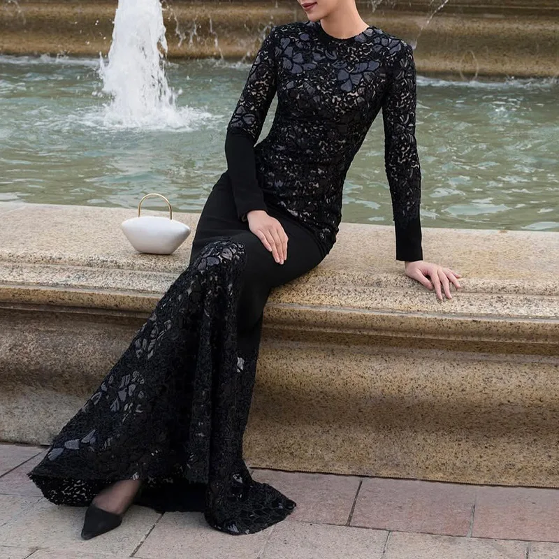 Weißes Spitzen-Meerjungfrauenkleid mit Langen Ärmeln, O-Ausschnitt, Figurbetontes Maxikleid, Elegantes Damenkleid für Hochzeit, Party, Formelle Anlässe und Abschlussball – Detail 7