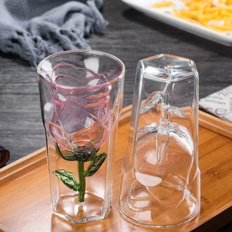 2pcs Rose Shape Double Wall Copo Gafas Vetro Bilayer Wine Glass Cocktail Flip Liquor Cup Vaso Household Bar Lover Gift Xmas Gift