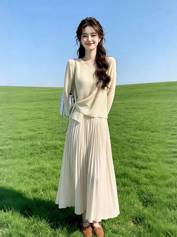 

Stylish Korean Knitted Top And Skirt Set Summer New Arrival Comfortable High Waist Midi Skirt Elegant Long Sleeve round Neck Top