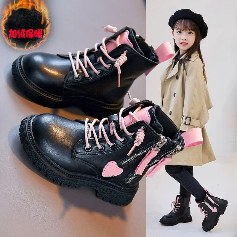 Kids Short Boots Pink and Black Double Zipper Love Sweet Girls 2022 Non-Slip Temperament Casual Shoes Child Fashion Spring New