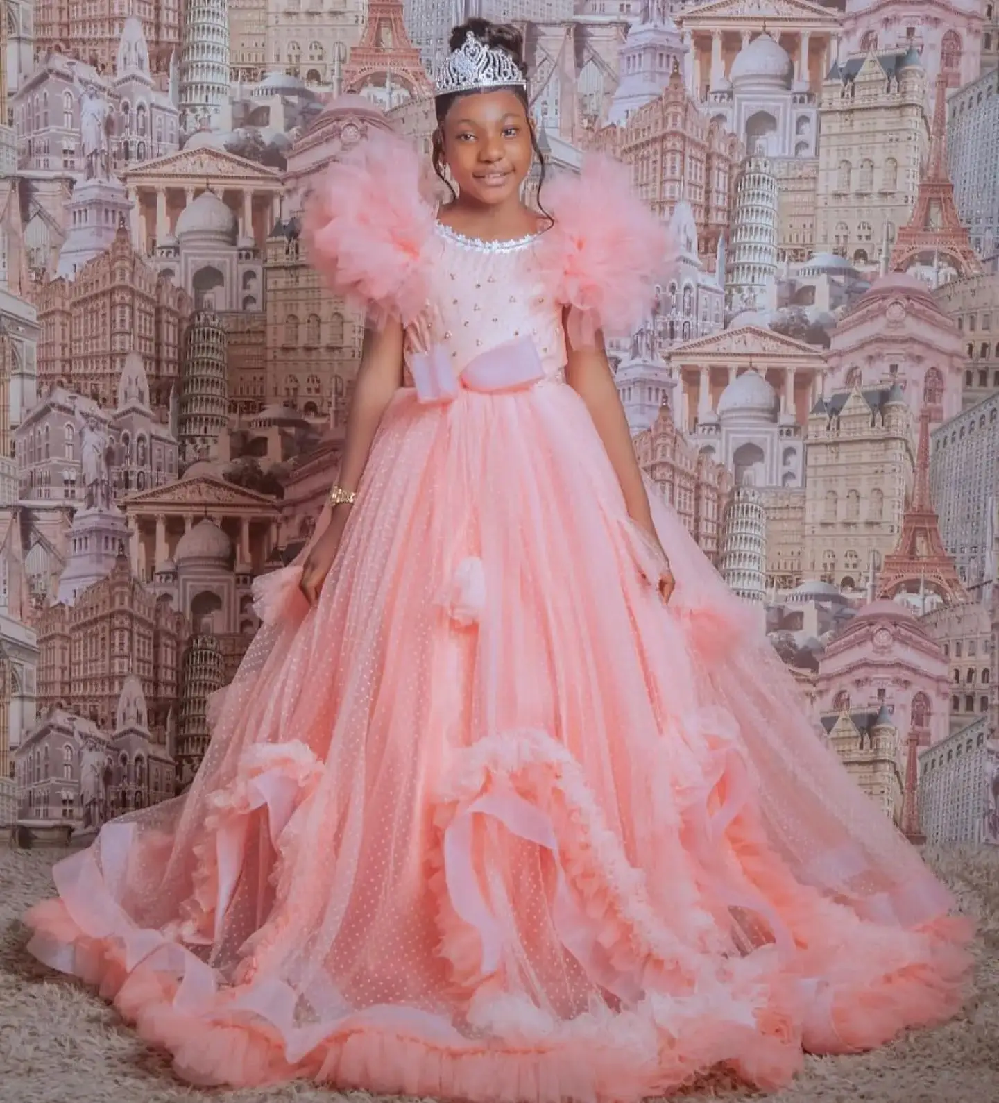 

Pink Tulle Kids Birthday Dresses Long Lace Beaded Flower Girl Dresses for Wedding Party Baby Girls Prom Gowns for Photoshoot