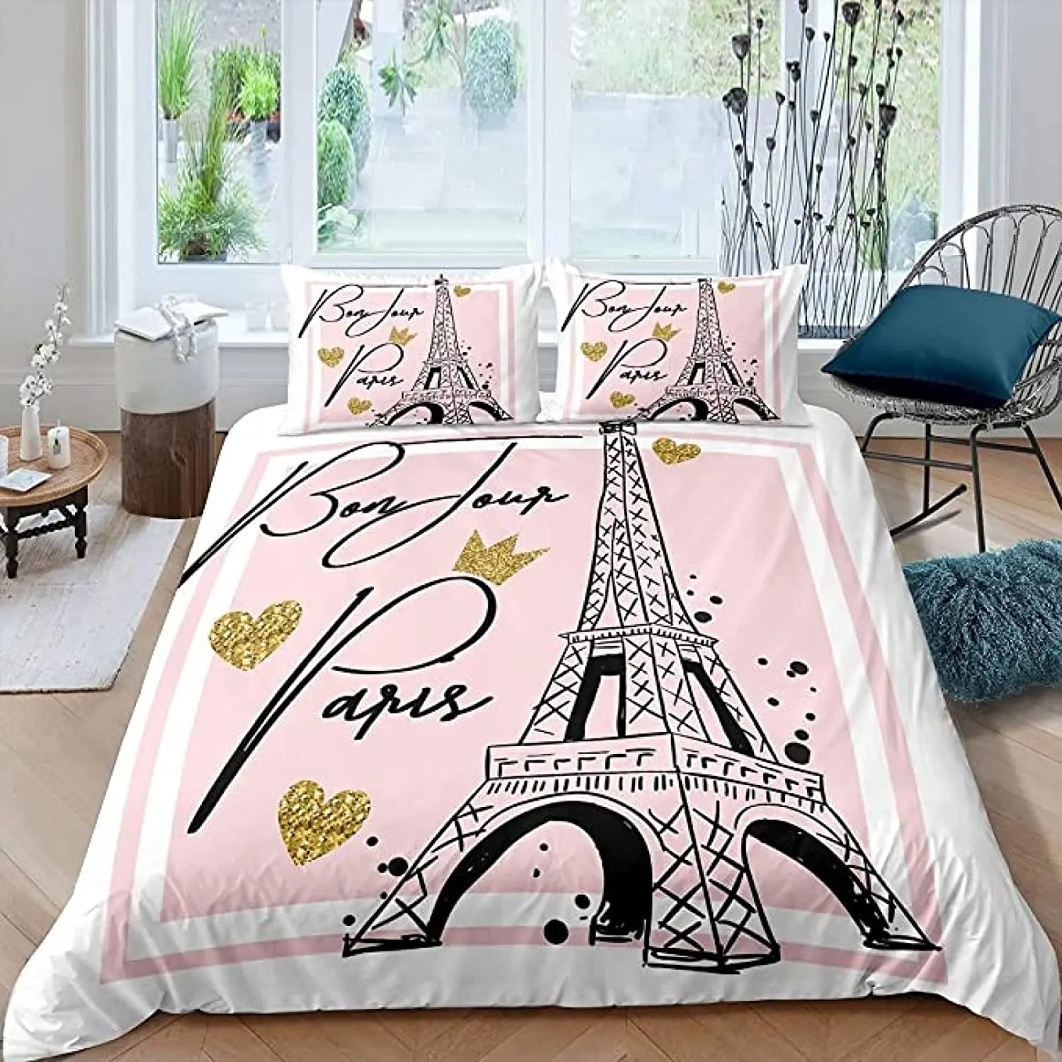 

Paris Duvet Cover Set Polyester Paris Theme White Pink Stripe World-Famous Architecture Creativity Double Queen King Quilt Cover