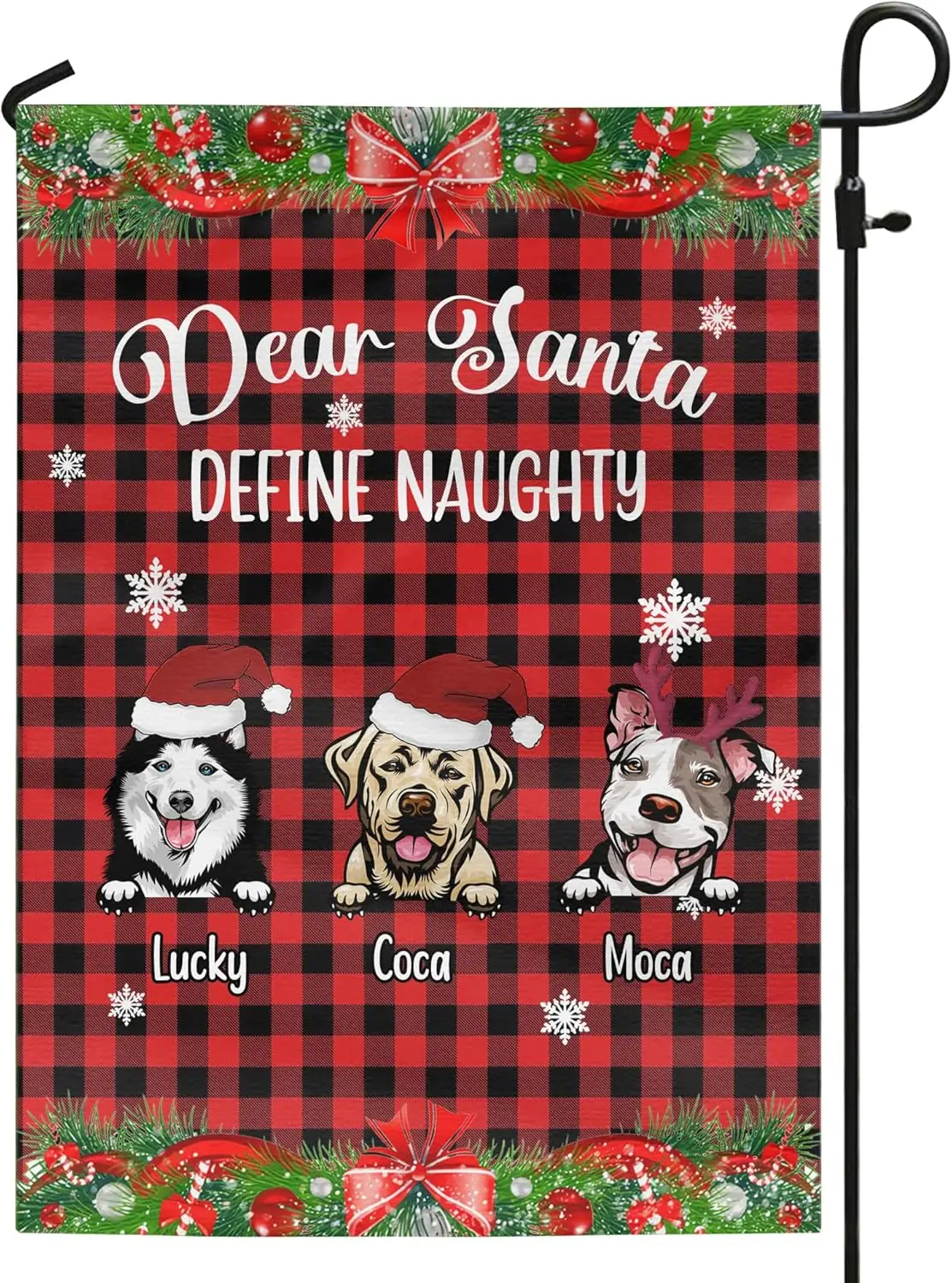 Personalized Christmas Dog Garden Flag Custom Dog Breeds 12x18 inch Double Sided Flag Snowflake Dear Santa Define Naughty Flag Y