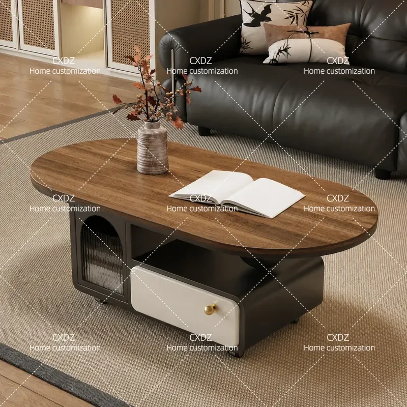 Oval Coffee Table with Rock Slab Top Solid Wood Base Movable Side Table for Living Room Small Apartment Light Luxury Home