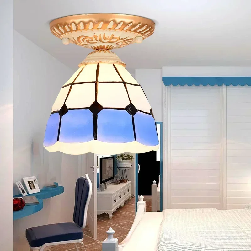 Style Dia. 20cm Round Stained Glass Iron LED E27 Ceiling Lights Mediterranean Lamp For Bedroom Aisle Balcony Corridor