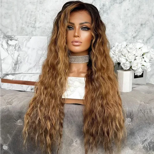 Peluca con malla frontal suave Color rubio ceniza ombré 26 ""largo rizado 180 densidad sintética alta temperatura sin pegamento diario