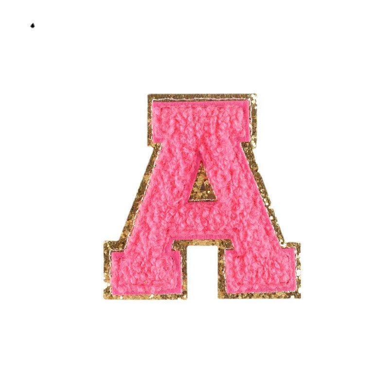 

8CM Hot Pink Chenille Letter Patches Iron on For Cloth Rose Towel Embroidered Felt Alphabet Glitter Sequin Letters DIY Accessory