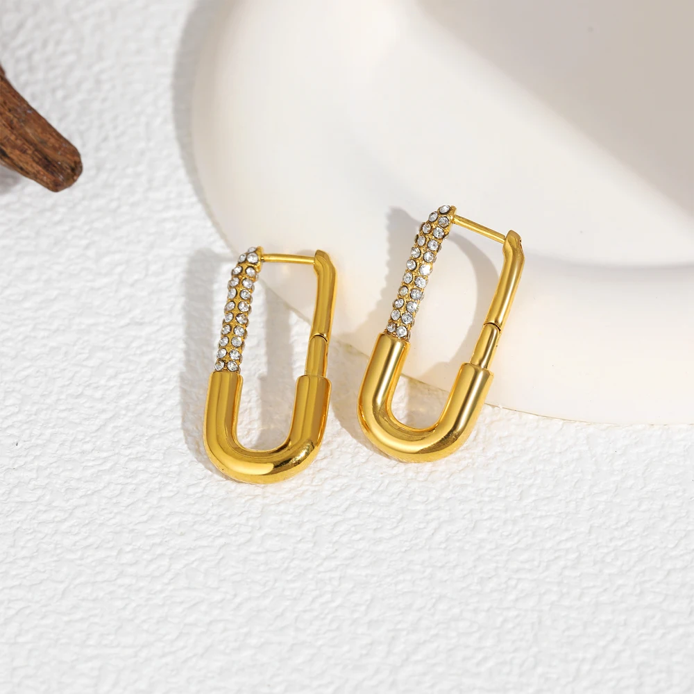 Minimalistische, dicke U-förmige Creolen mit eingelegtem Zirkonia, 18 Karat vergoldet, wasserfest, hypoallergen, trendiger Schmuck