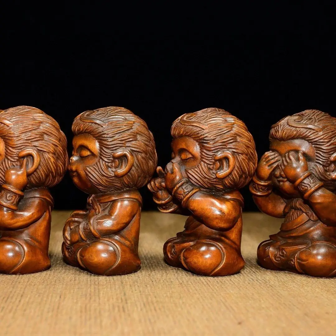 Hand Carved Wood Four postures monkeys Statue Figurine Desktop Ornaments Home Decoration