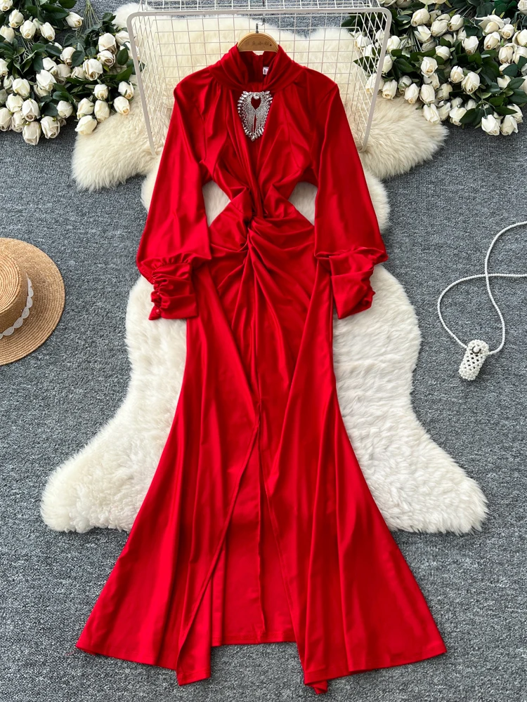 

Red Ele Lantern Sve Dr Женская юбка-пар с высокой талией Длинное платье трапециевидной формы Sve Slim Fit с разрезом Вечернее платье из полиэстера