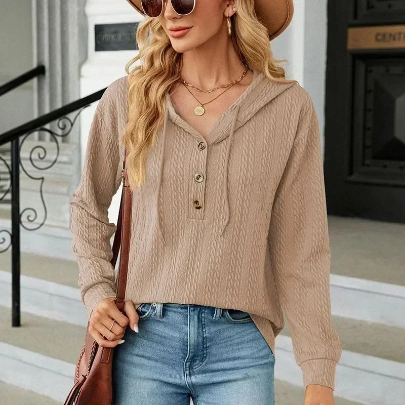 

Women Long Sleeve Sweatshirts Autumn Winter Fashion Button V Neck Tops Casual Loose Drawstring Hoodies Pullovers Clothes 29543