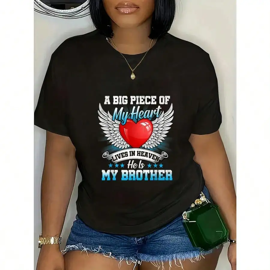 

Short Sleeve 180g Printed Round Neck T-Shirt - Brother My Angel Shirt - In Memory Of Brother In Heaven