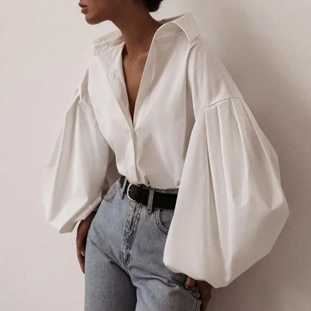 Lady Shirt Lapel Lantern Long Sleeves Lady Shirt Single-breasted Placket Solid Color Lady Loose Women Blouse Female Clothing