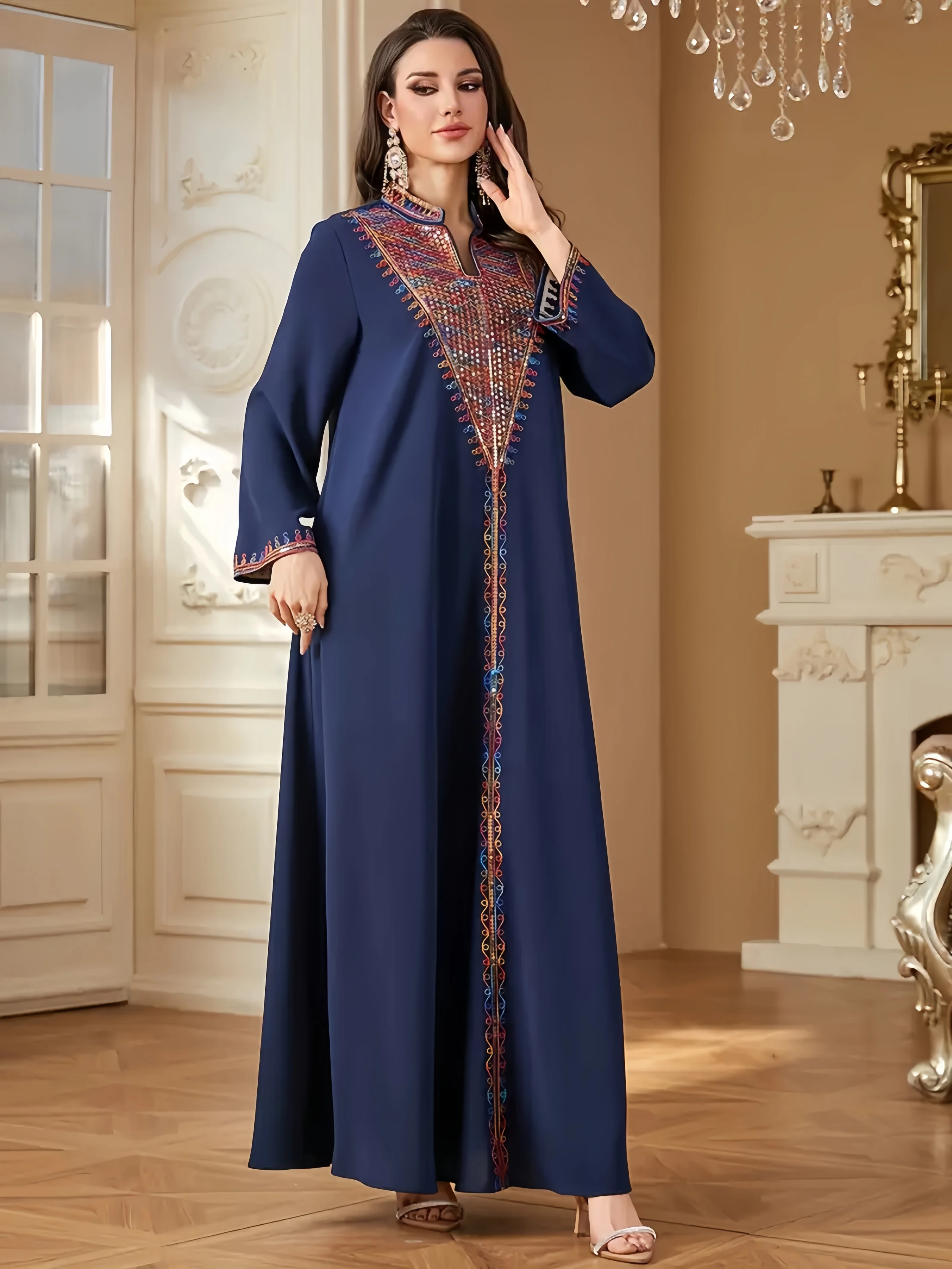 

Trendy Muslim Abaya in Deep Blue Adorned with Intricate Multicolored Embroidery for Arabian Social Galas Modest Islam Fashion