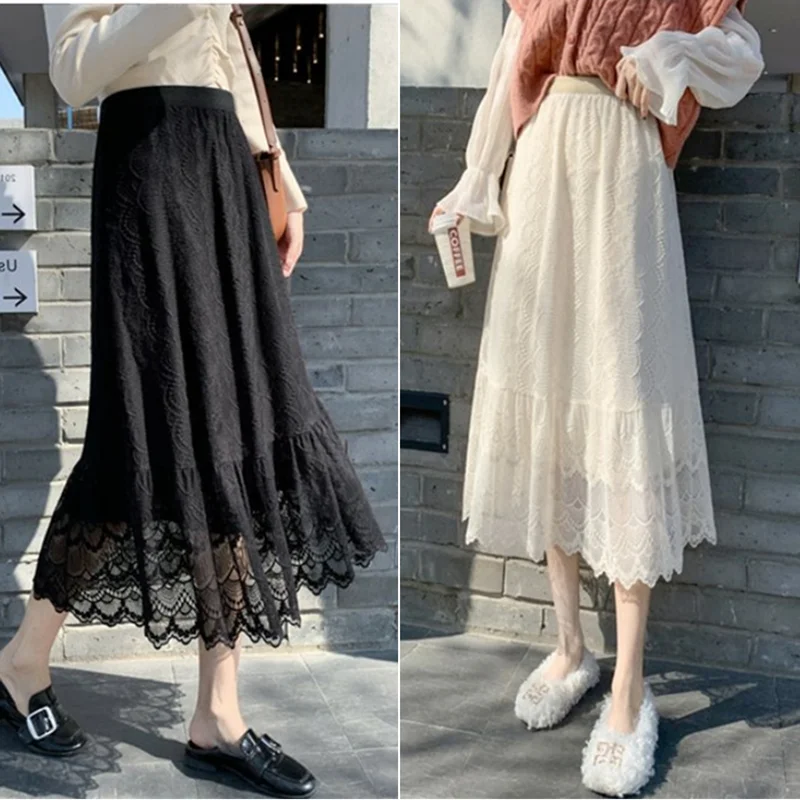 

2022 Fashion Midi Women's Skirt Hollow Out Lace Korean Casual A Line Skirt Simple Long Elegant Street OL Faldas Mujer