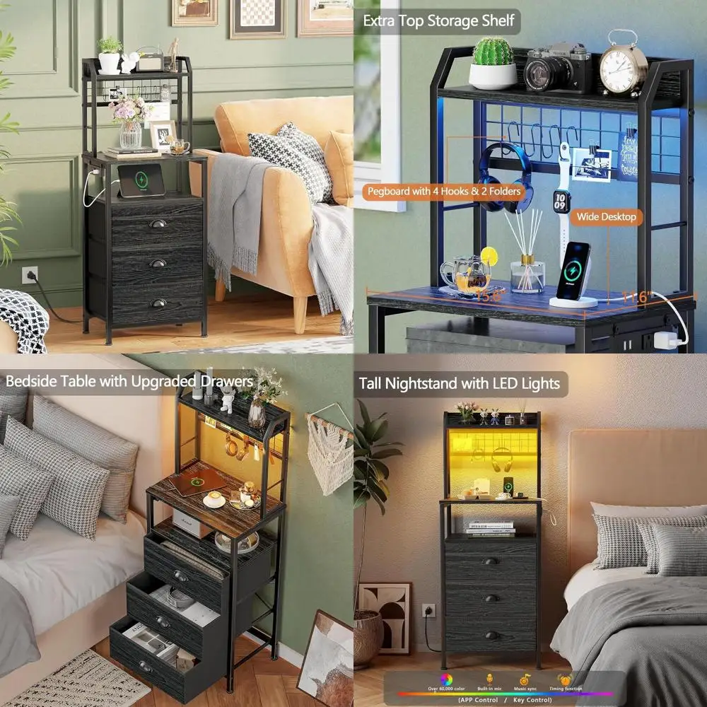 منضدة طويلة بطول 44 بوصة مع قاعدة شحن، طاولة بجانب السرير مضاءة بإضاءة LED، طاولة نهاية للتخزين بثلاثة أدراج، حامل ليلي لغرفة النوم مع P