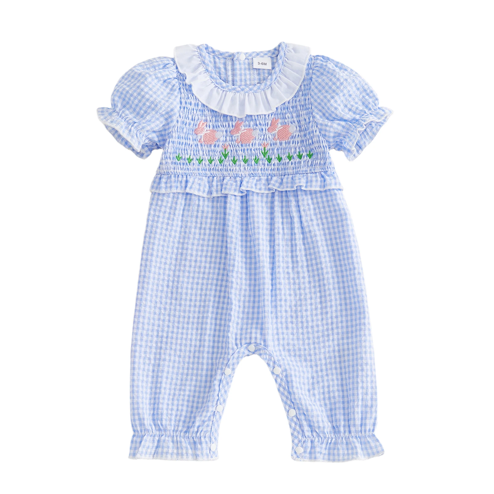 

Infant Baby Girl Easter Romper Puff Short Sleeve Crew Neck Bunny Embroidery Plaid Print RuffleTrim Decor Jumpsuit