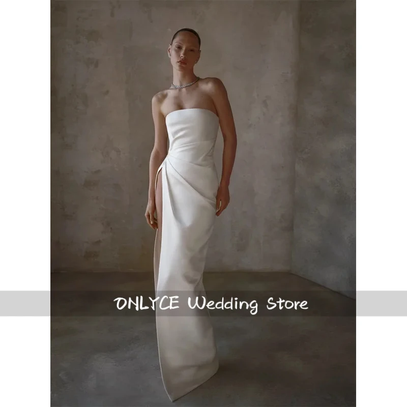 White Satin Mermaid Customized Wedding Dress Strapless Sleeveless vestidos de noche Side High Split robe de mariée 2026
