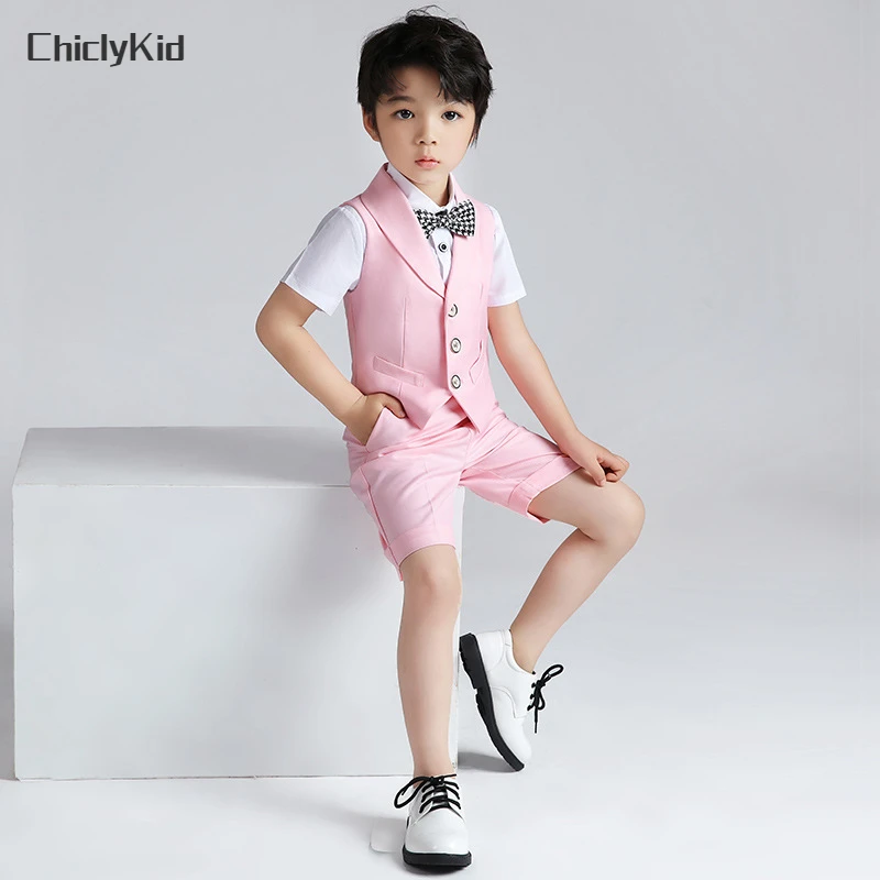 

Boys Summer Vest Shirt Shorts Formal Dress Kids Candy Color Waistcoat Wedding Clothes Sets Child Uniforms Toddler Tuxedo Costume