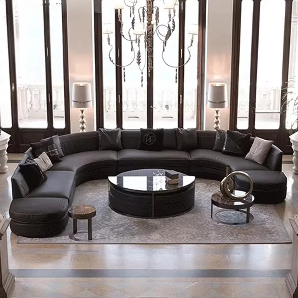 ！@Luxury Italian Villa Hotel Furniture Suede Nubuck Leather Designer Arc U Shape Corner Sectional Sofa Set
