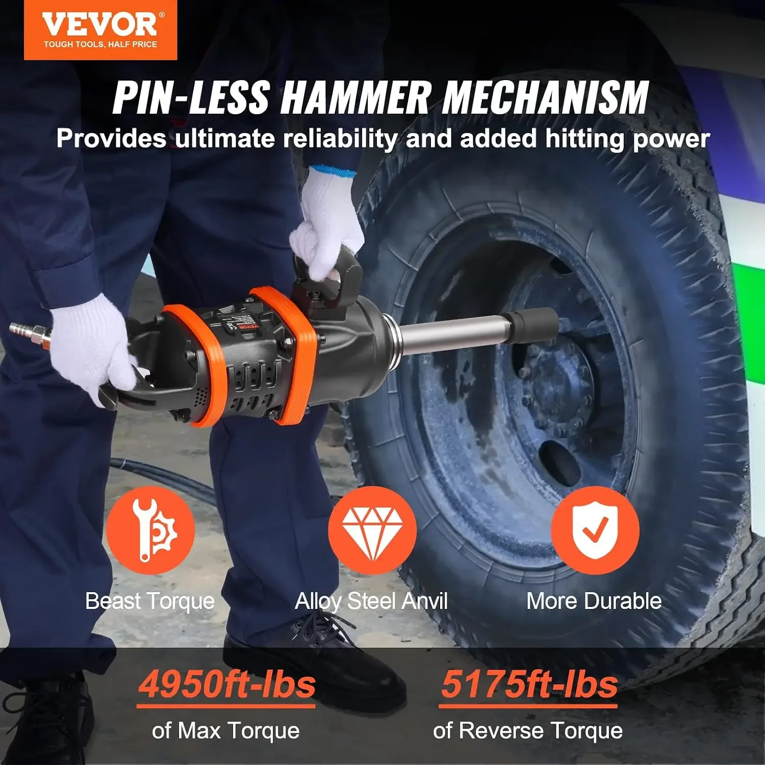 1 Inch Air Impact Wrench, Up to 5175 ft-lbs Beast Reverse Torque Output Pneumatic Impact w/ 8 Inch Anvil for Heavy Duty Machiner