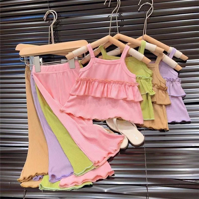 Summer Girls Sling Sets Kids Solid Color Ribbed Ruffled Camisole Suits Children Clothes Tops+Flare Long Pants 2Pcs Sweet Outfits