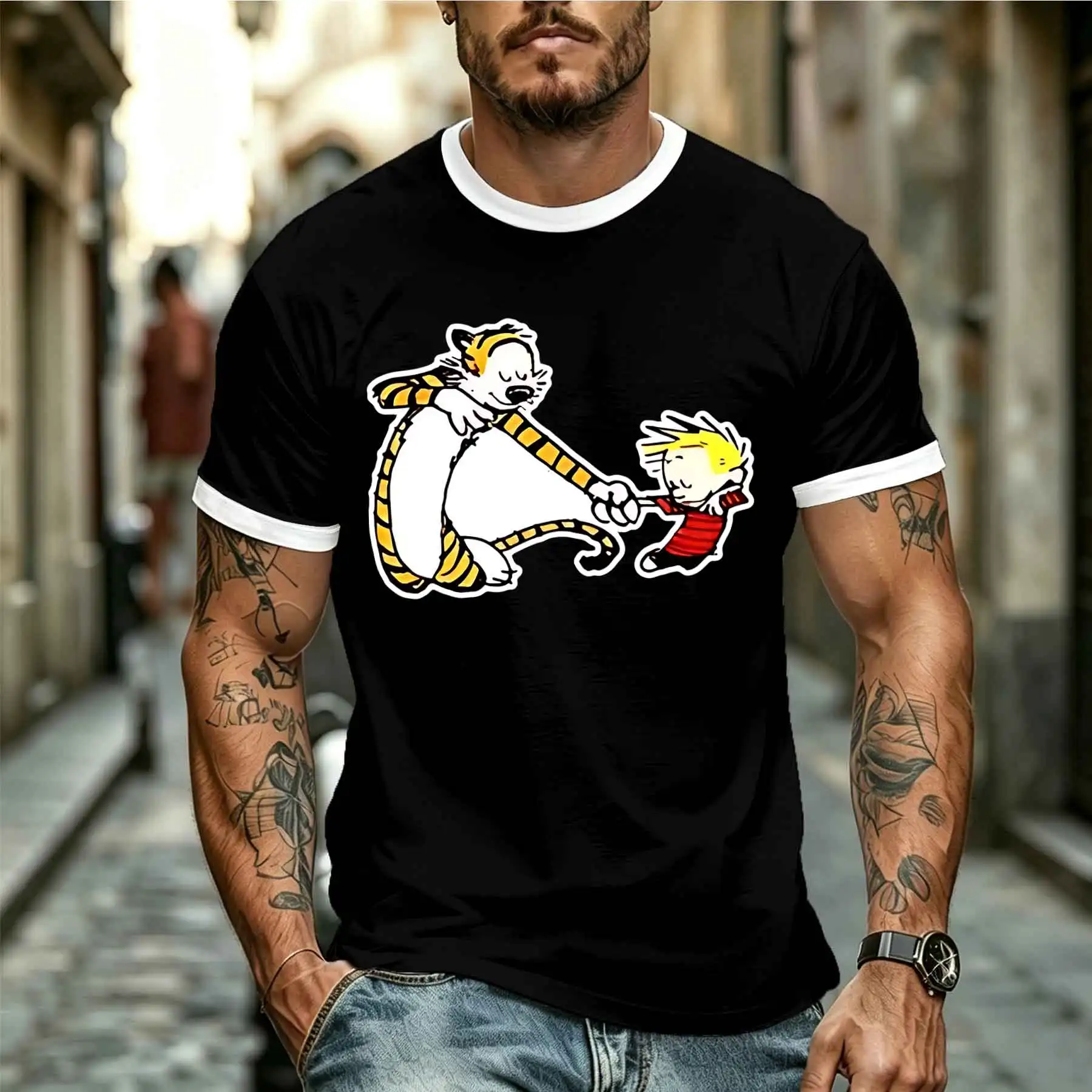 2026 new model Tee Stylish Comfortable Men's Calvin and Hobbes Comic T-Shirt Vintage Tiger Pal Print Casual Short-Sleeve Top Tee