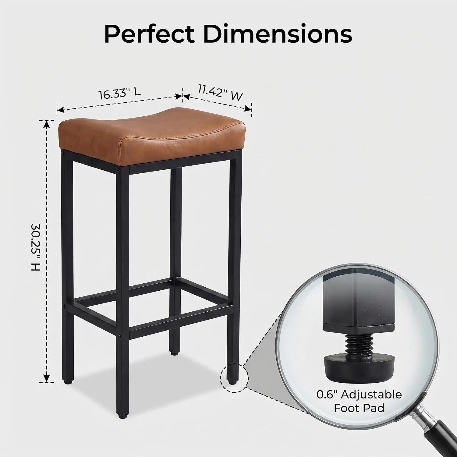 Bar Stools Set of 2, 30 Inch Backless Counter Height Bar Stools with Soft Faux Leather Seat, 300 LB Heavy Duty Padded Saddle