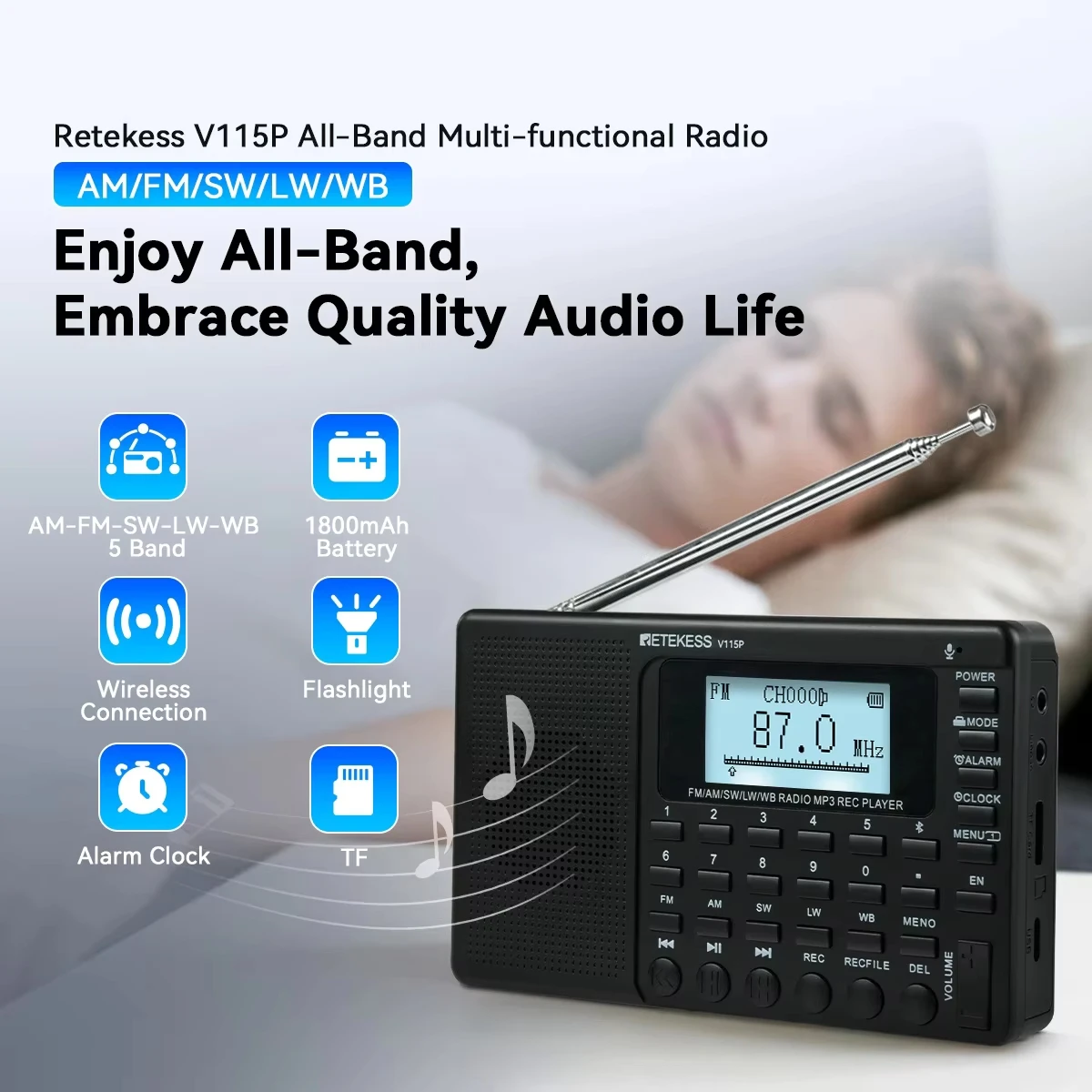 

Портативное вседиапазонное радио V115P FM/AM/SW/LW/WB, Bluetooth-колонка с аккумулятором 1800 мАч, MP3-плеер с поддержкой TF-карт, функция записи, таймер сна