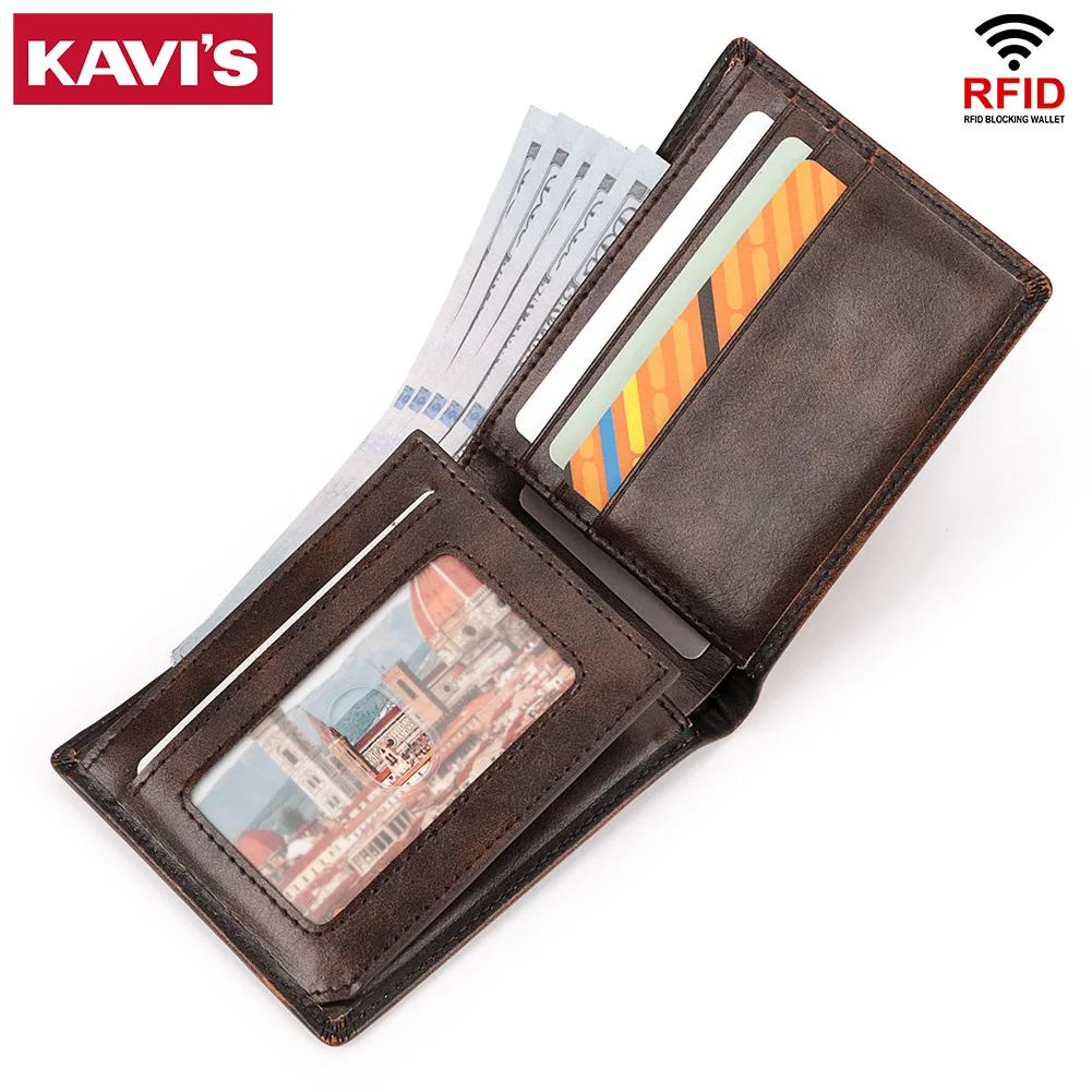 RFID Genuine Leather Men's Wallet with ID Window and Multiple Card Slots Durable Chain Cartera Hombre Male Fashion Money Bag
