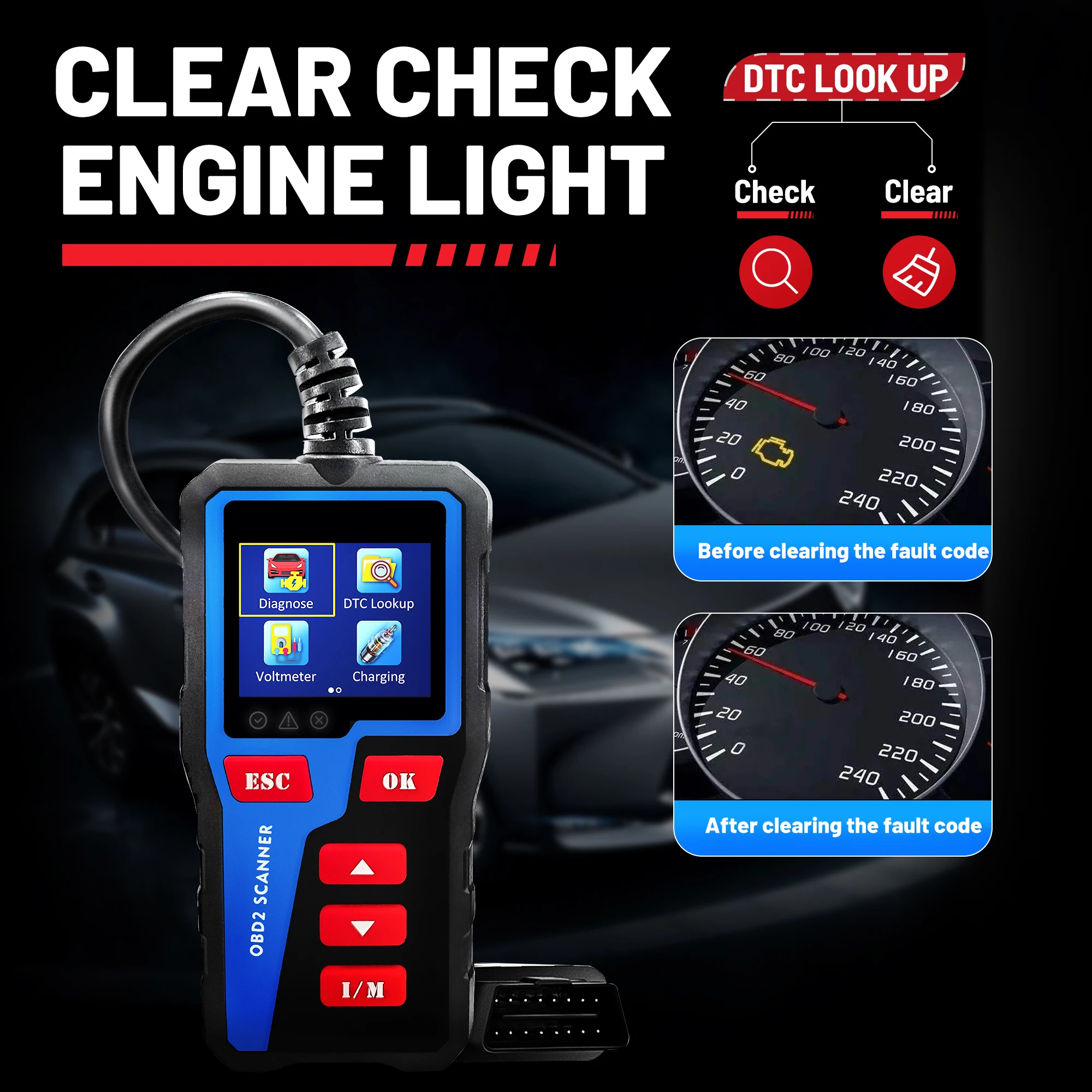 AT300 OBD2 Scanner OBD2 Engine Fault Enhanced Screen Display Plug Play Voltage Test Car Diagnose Tool Cars Code Reader