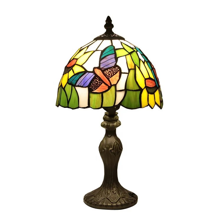 Luminária de Mesa LED Estilo Tiffany com Base Antiga, Luz de 8 Polegadas, Vidro Colorido Retro em Forma de Girassol, Leitura de Alta Qualidade