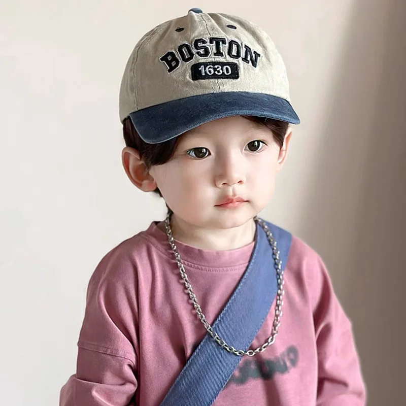 

BOSTON Vintage Patchwork Kids Baseball Caps Spring Autumn Boy Girl Outdoor Travel Sunscreen Peaked Hats Adjustable Children Hats