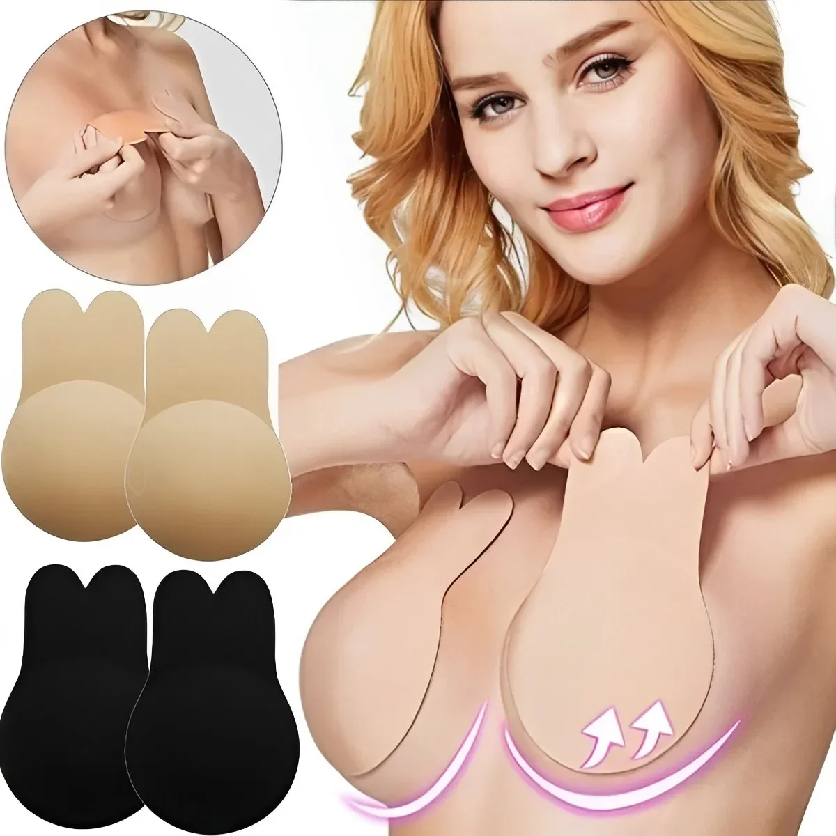 Women Push Up Bras Self Adhesive Silicone Strapless Invisible Bra Reusable Sticky Breast Lift Tape Rabbit Nipple Cover Bra Pads